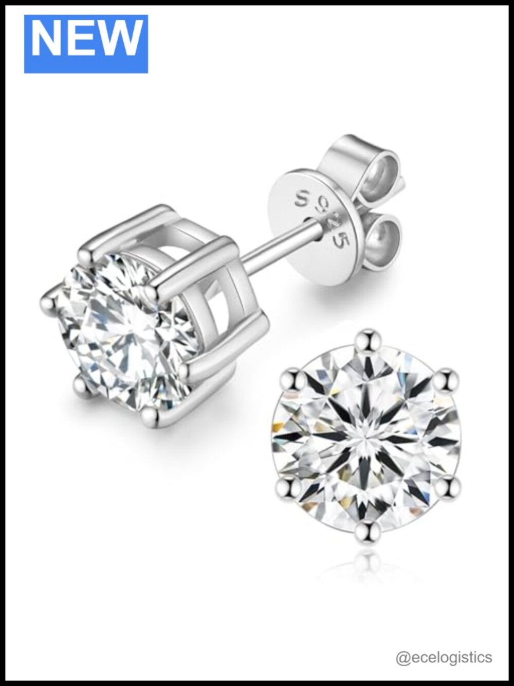 Moissanite Stud Earrings 925 Sterling Silver 2CT 6-Prong Push Back
